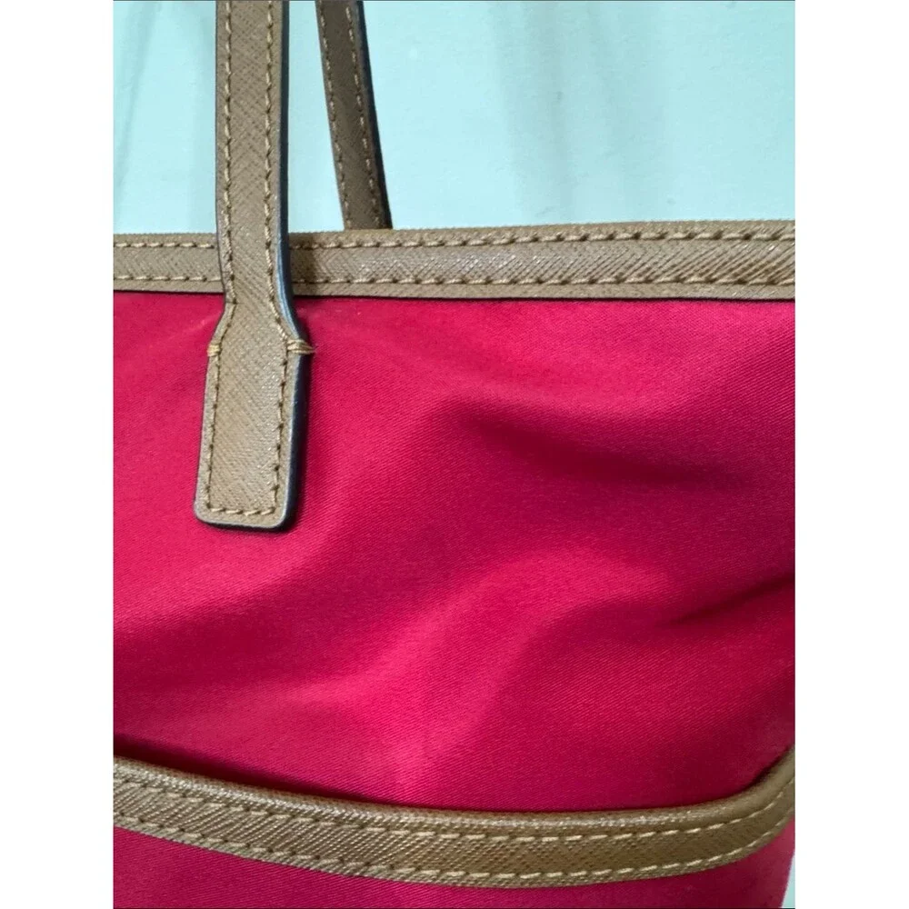 Michael Kors Kempton Nylon Tote Red Tan Leather Trim Travel Casual Contemporary